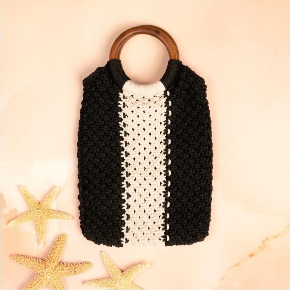 Laude the Label NWT The Gabby Macrame Bag 100% Cotton Black Cream Crochet Purse - Picture 1 of 4